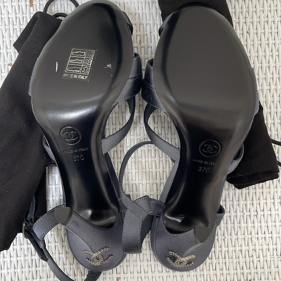 CHANEL embellished blue-grey satin heals sandals size 37 NEW - Picture 7 of 10